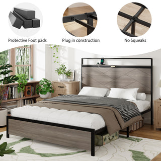 Sunvega Modern Wood and Metal Platform Bed Frame with LED Headboard USB Charging