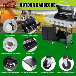 Sunvega 3 Burner Stainless Steel Propane Gas Grill with Side Burner and Electronic Pulse Ignition