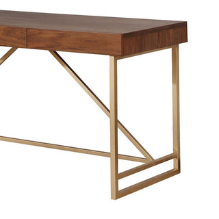 Sunvega Modern Writing Desk with Walnut Brown Top and Unique Gold Metal Legs