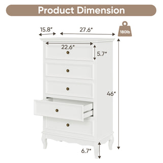 Sunvega Modern White Fluted 5-Drawer Dresser with Solid Wood Legs and Wave-Shaped Bar