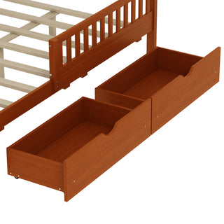 Sunvega Twin Size Walnut Wood Platform Bed with Guardrails and Two Storage Drawers