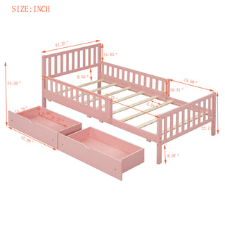 Sunvega Twin Size Walnut Wood Platform Bed with Guardrails and Two Storage Drawers