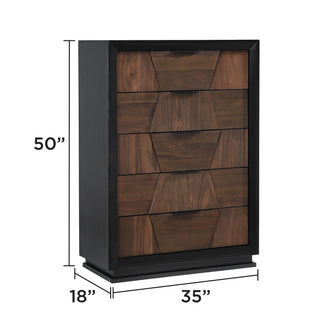 Sunvega Walnut Wood Tall Space Saving 5 Drawer Chest with Nickel Handles