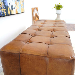 Sunvega Genuine Tan Leather Bench with Teak Frame for Living Room Bedroom