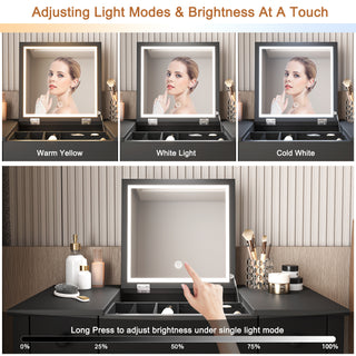 Sunvega 3-Level Adjustable Lighting Flip-Top Mirror Vanity Desk with Storage Drawers