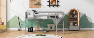 Sunvega White Full Size Low Loft Wood Bed with Convertible Left or Right Ladder