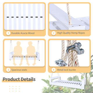 Sunvega Twin Size Acacia Wood Porch Swing Bed with Hemp Ropes for Garden