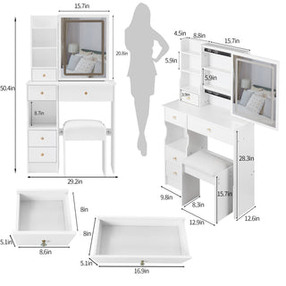 Sunvega Small Size Left Drawer Vanity Table with Adjustable LED Mirror and Stool