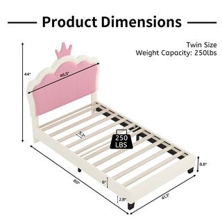 Sunvega Cream Pink Full Size Princess Bed with Crown Headboard and Footboard