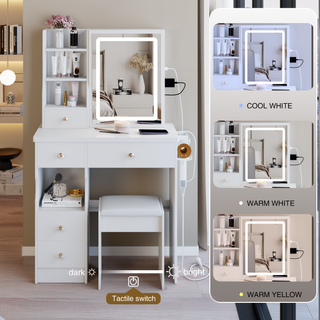 Sunvega Small Left Drawer Vanity Table with Stool Tri-Color LED Mirror Power Station