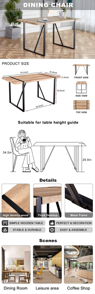 Sunvega Rustic Industrial Rectangular Wood Dining Table for 4-6 Person with Black Metal Legs