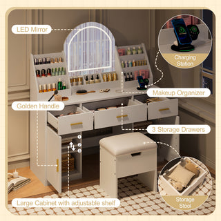 Sunvega Makeup Vanity with Sliding Mirror, LED Lights, Storage Stool, and Charging Station