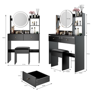 Sunvega 17 Inch Round LED Vanity Mirror Table with Stool Set Touch Switch 3 Colors