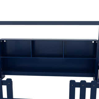 Sunvega Twin House Bed with LED Light Storage Bookshelf Guardrails for Kids Navy Blue
