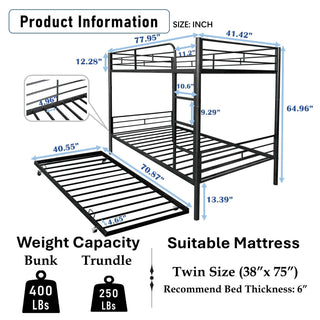 Sunvega Convertible Metal Bunk Bed with Trundle for Extra Guest Sleeping Space