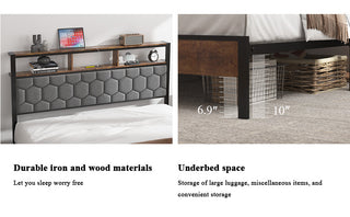 Sunvega Queen Bed Frame with Vintage Shelf Headboard and USB Charging Station