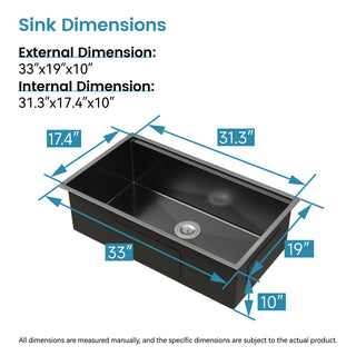 Sunvega Handcrafted 33x19 Inch Undermount Single Bowl Kitchen Sink Dark Gray