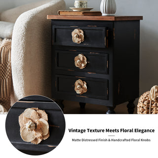 Sunvega Vintage Farmhouse End Table with Floral Knobs and Gourd Legs