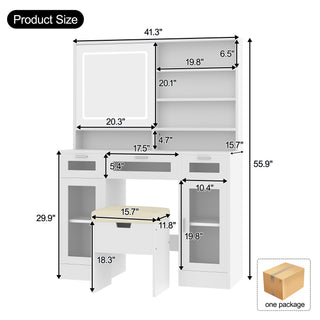 Sunvega Makeup Vanity with Sliding Mirror, LED Lights, Storage Stool, and Charging Station