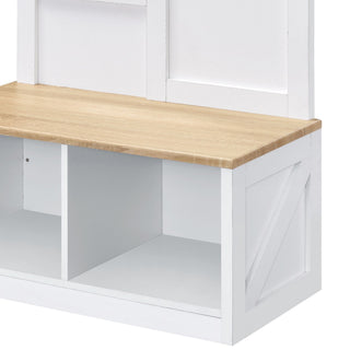 Sunvega Light Oak and White Finish Hall Tree with Mirror and Bench Storage Compartments