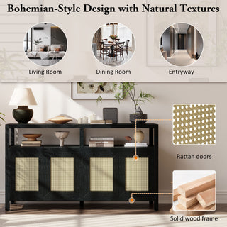 Sunvega Bohemian Style Rattan Buffet Cabinet with Solid Wood Frame and Adjustable Shelves for Living Dining Rooms