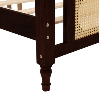 Sunvega King Pine Wooden Bed with Rattan Headboard and Footboard, Walnut