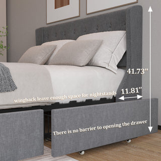 Sunvega Dark Grey Full Size Bed Frame with 4 Storage Drawers and Wingback Headboard