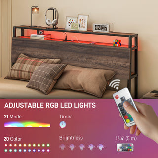 Sunvega Queen Bed Frame with Headboard LED Lights Charging Station 3-Tier Storage Shelf