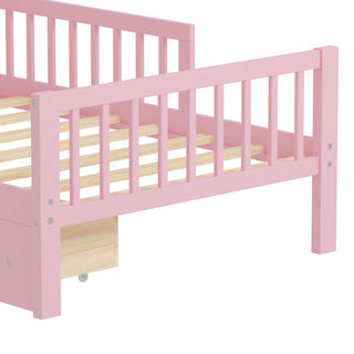 Sunvega Twin Size Bed with Headboard Storage, Two Under-Bed Drawers, and Three-Side Guardrails