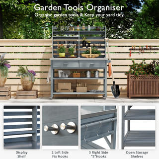 Sunvega Fir Wood Outdoor Potting Bench with Stainless Steel Top and Lockable Wheels