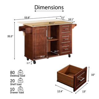 Sunvega Mobile Kitchen Island Cart with 3 Drawers Spice Rack and Drop Leaf Table