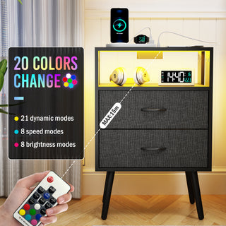 Sunvega Modern Nightstand with Charging Station USB LED Light and Fabric Drawers