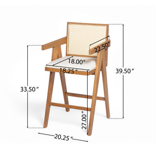 Sunvega Cream Grey Woven Cane Plastic Backrest Bar Stool with Foam-Padded Fabric Seat
