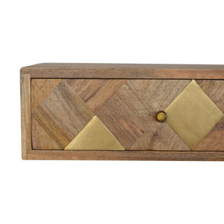 Sunvega Solid Mango Wood Wall-Mounted Nightstand with Brass Inlay Drawer and Gold Finish