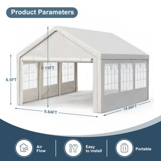 Sunvega 10x20ft Water Resistant Anti-UV Carport Party Canopy with Removable Sidewalls