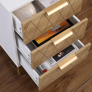Sunvega Mid-Century Modern Nightstand with Wavy Drawer Panels and Gold Metal Accents