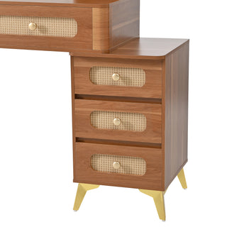 Sunvega Vintage Rattan Makeup Vanity with Mirror Lights and 5 Drawers