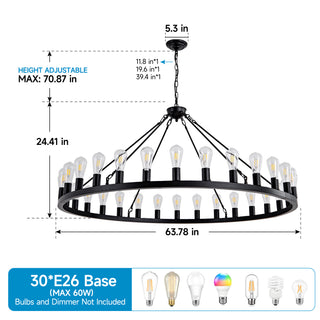 Sunvega 64 Inch Matte Black Wagon Wheel Chandelier With 30 E26 Lights