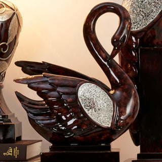 Sunvega Floral Foliage Swan Decor with Crackle Glass Mirror Pattern on Pedestal Base