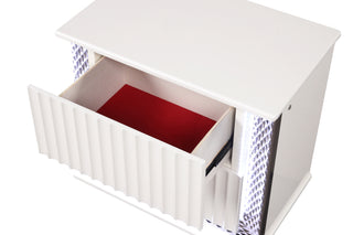 Sunvega White Nightstand with LED Lighting Diamond Pattern Accents and Two Textured Drawers