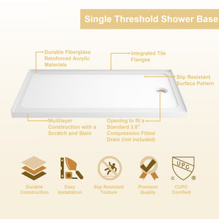 Sunvega 32 x 48 Inch White Shower Base Pan with Center Drain