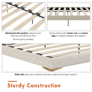 Sunvega King Ivory Velvet Upholstered Platform Bed with Foam Padded Headboard