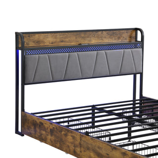 Sunvega Queen Bed Frame with Storage Headboard USB Outlets LED Lights and 4 Drawers