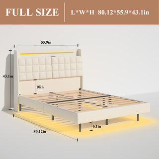 Sunvega King Floating Bed Frame with LED Light and Charging Station Upholstered Platform