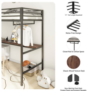Sunvega Sturdy Twin Loft Bed with Desk and Closet Rod for Bedroom Space Saving