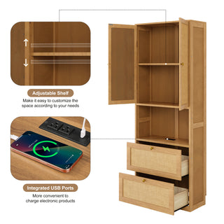 Sunvega Rattan Storage Cabinet with USB Ports and 3 Drawers for Bedroom