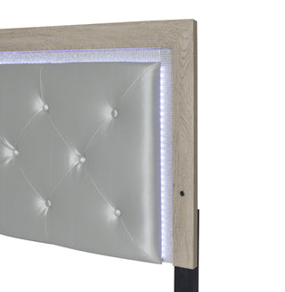 Sunvega Modern Beige Faux Leather Queen Panel Bed with Headboard Lighting