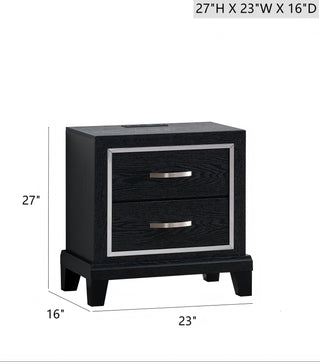 Sunvega Modern Black Nightstand with Two Drawers and Built-In AC USB Outlets