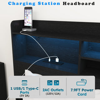 Sunvega Queen Storage Bed Frame with Headboard Charging Station and 4 Drawers