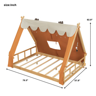 Sunvega Full Size Brown House Bed with Detachable Tent and Skylight for Kids
